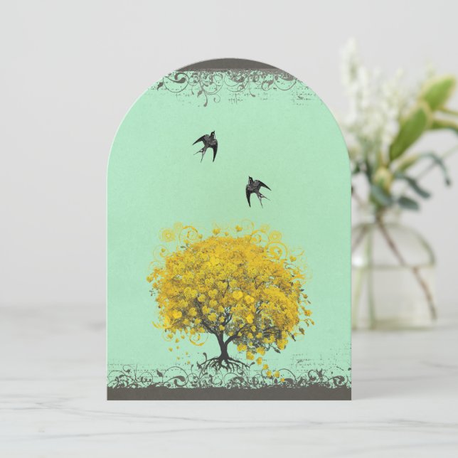 Rustic Heart Leaf Mustard Birds Wedding Invites (Standing Front)