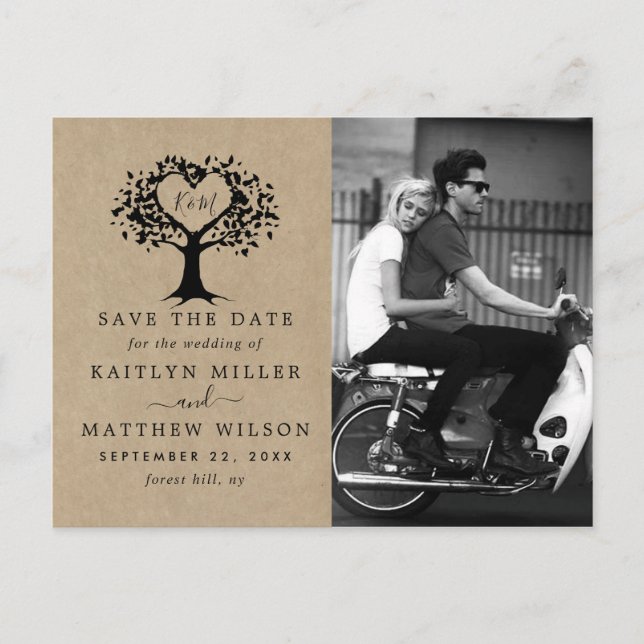 Rustic Heart Tree Wedding Photo Save The Date Announcement Postcard (Front)