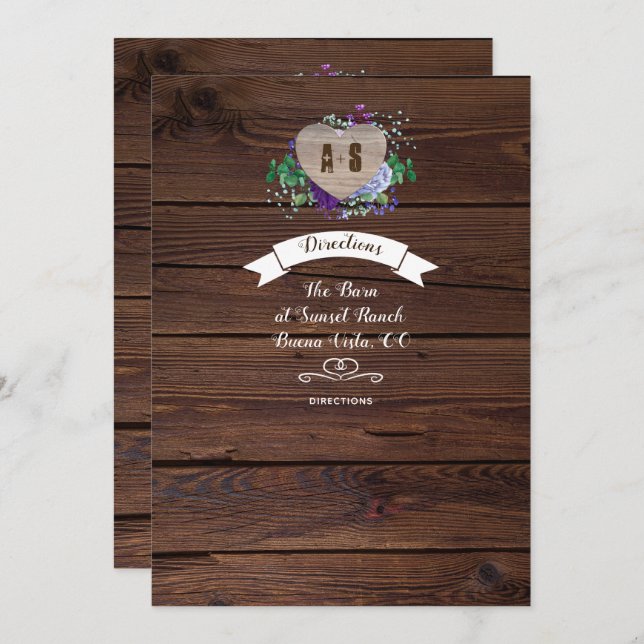 Rustic Heart Wedding Directions Watercolor Flowers Invitation (Front/Back)