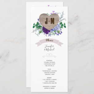 Rustic Heart Wedding Menu Blue Watercolor Flowers Invitation