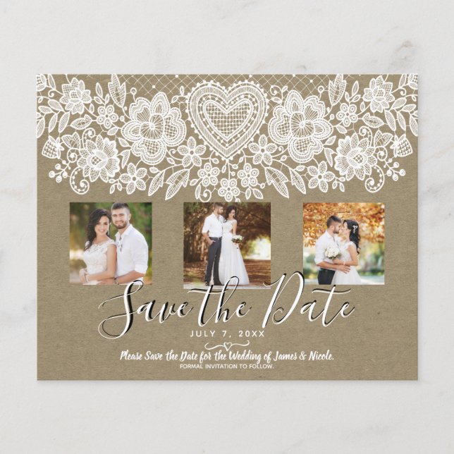 Rustic Heart White Lace Kraft Photo Save the Date (Front)