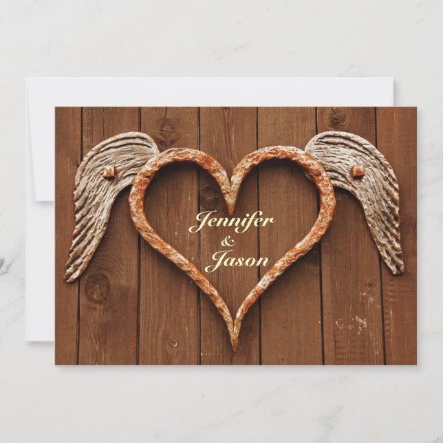 Rustic Heart with Wings Wood Wedding Invitations (Front)