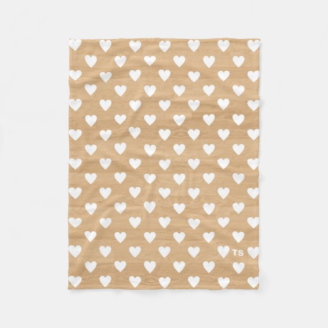 Rustic Hearts Pattern on Wood Background Monogram Fleece Blanket (Front)