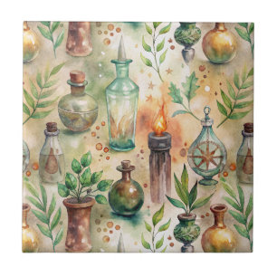 Rustic Herbalist Bottles Green Brown Ceramic Tile