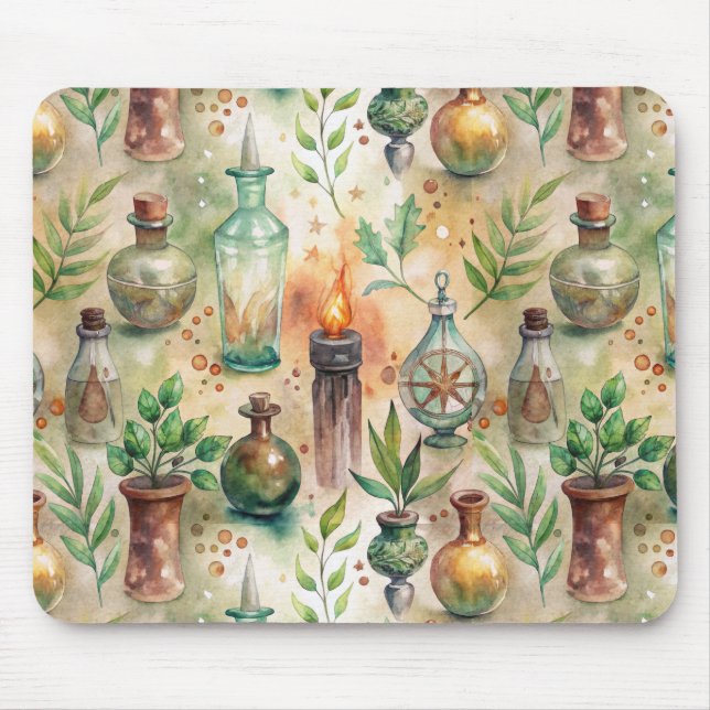 Rustic Herbalist Bottles Green Brown Mouse Pad (Front)