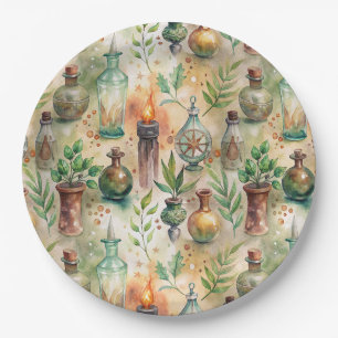 Rustic Herbalist Bottles Green Brown Paper Plate
