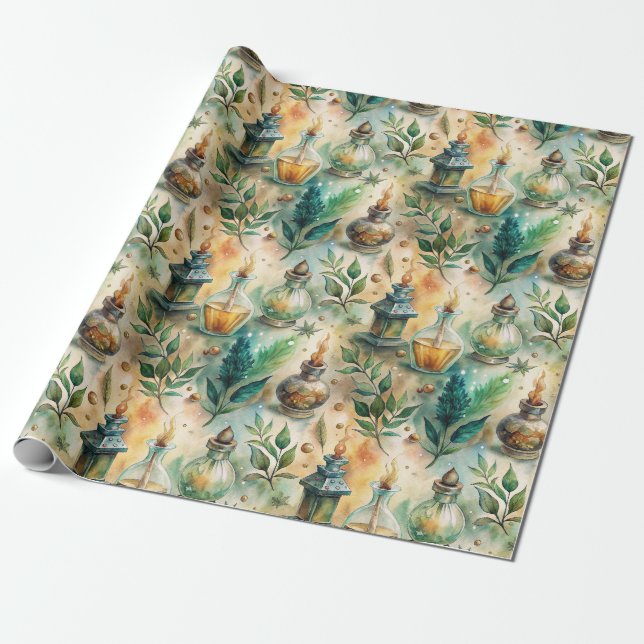Rustic Herbalist Bottles Green Brown Wrapping Paper (Unrolled)