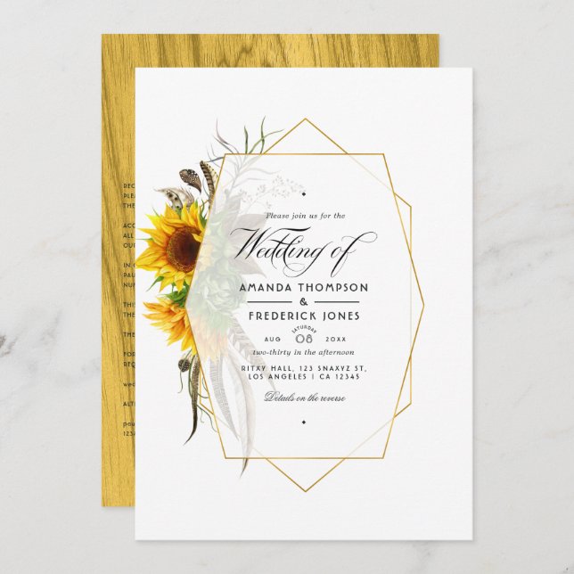 Rustic Herbarium Sunflowers Bohemian Wedding Invitation (Front/Back)