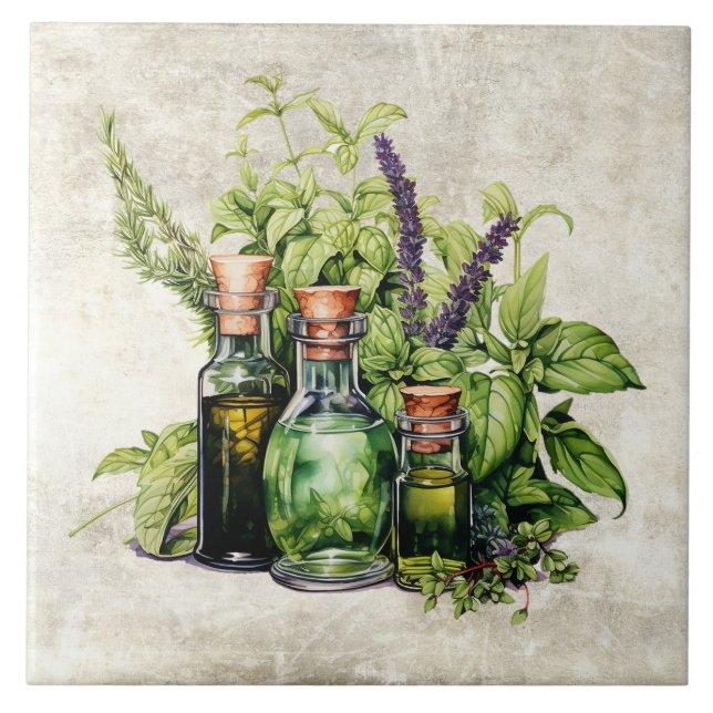 Rustic Herbs Beautiful Vintage Bottles Ceramic Tile (Front)