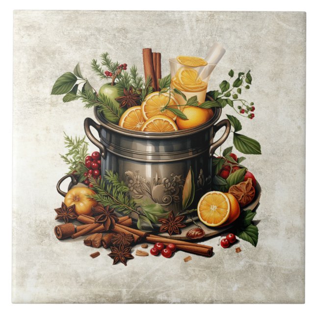 Rustic Herbs & Spices Punch Bowl Pine Ceramic Tile (Front)