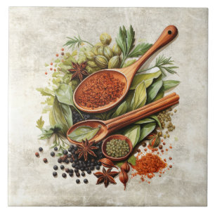 Rustic Herbs & Spices Watercolors Ceramic Tile