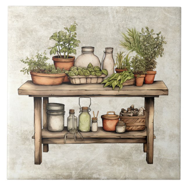 Rustic Herbs & Spices Wooden Stool Watercolors Ceramic Tile (Front)