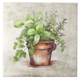 Rustic Herbs Vintage Neutral Watercolors Ceramic Tile