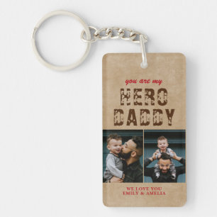 Rustic Hero Daddy Father`s Day 2 Photo Collage Key Ring