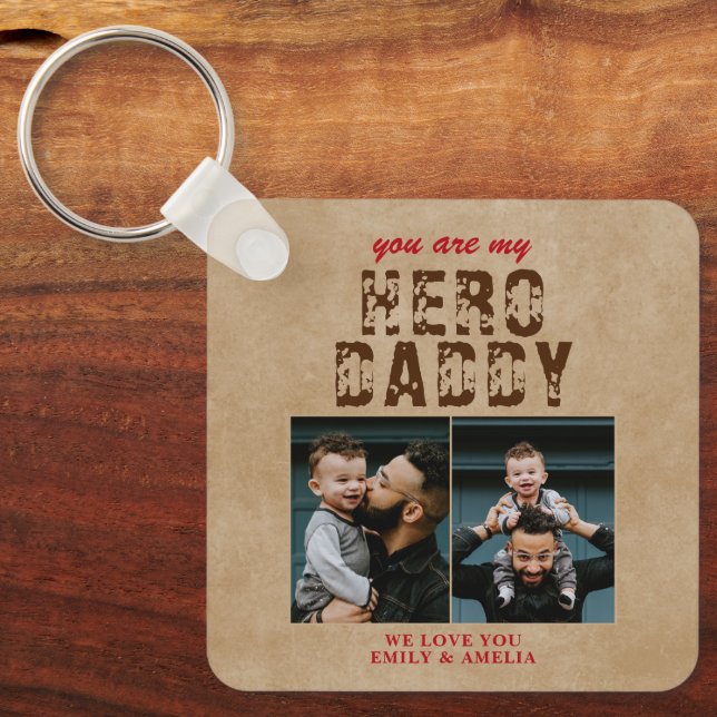 Rustic Hero Daddy Father`s Day 2 Photo Collage Key Ring (Front)
