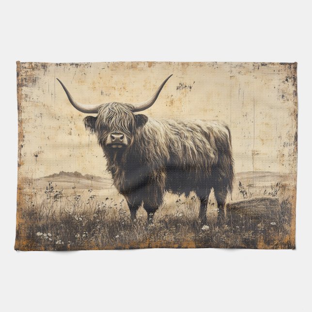 Rustic Highland Cattle Tea Towel (Horizontal)