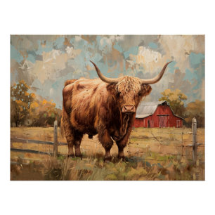 Rustic Highland Cow and Barn Decoupage Poster