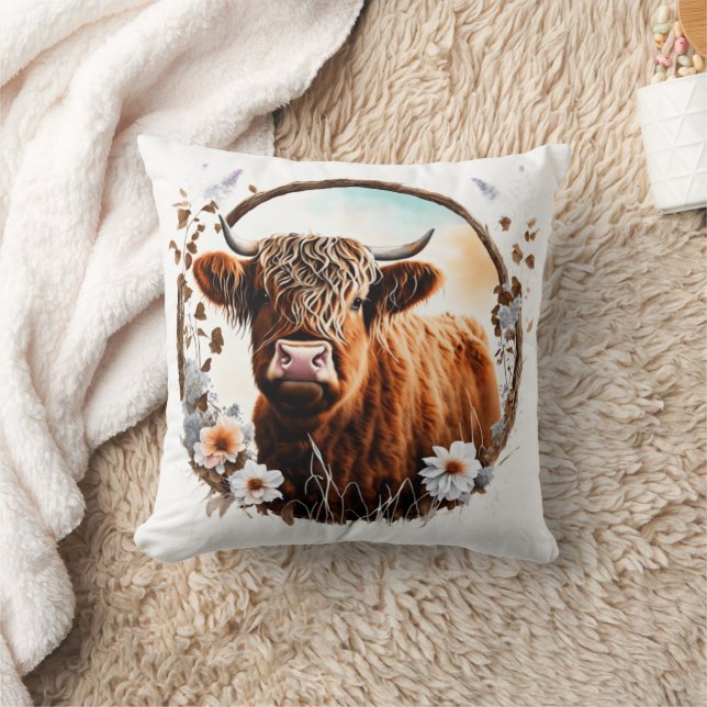  Rustic Highland Cow and Wildflower Cushion (Blanket)