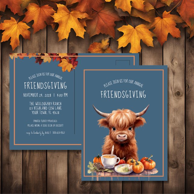 Rustic Highland Cow Friendsgiving Invite Postcard (Creator Uploaded)