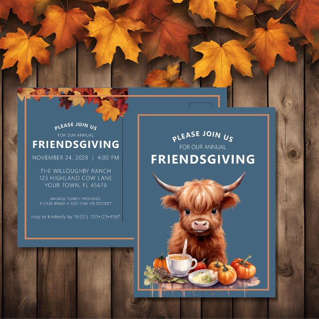 Rustic Highland Cow Friendsgiving Invite Postcard (Creator Uploaded)