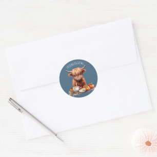 Rustic Highland Cow Friendsgiving Stickers (Blue)