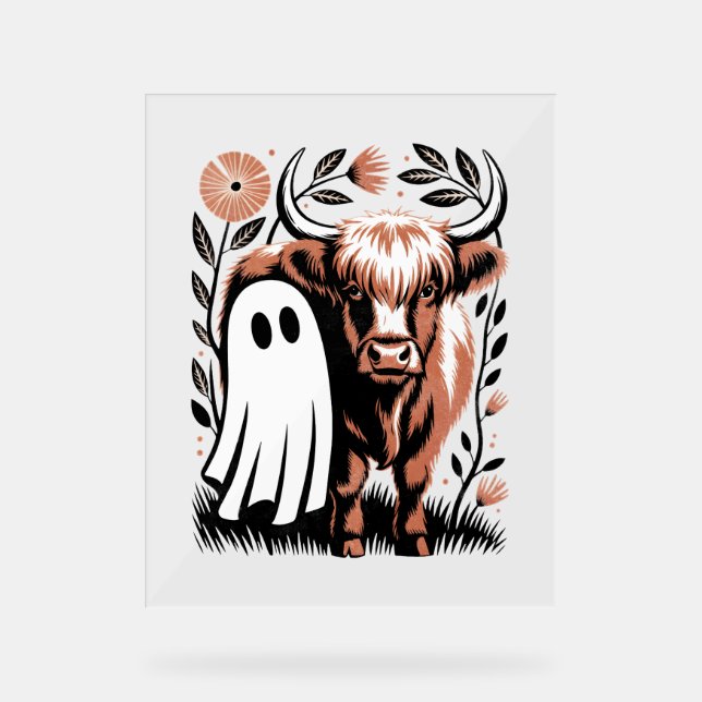 Rustic Highland Cow Ghost Halloween Acrylic Sign (Front)