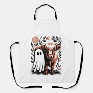 Rustic Highland Cow Ghost Halloween Apron