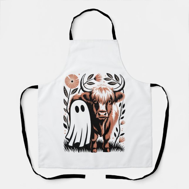 Rustic Highland Cow Ghost Halloween Apron (Front)