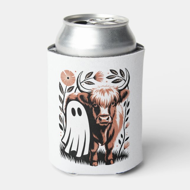 Rustic Highland Cow Ghost Halloween Can Cooler (Can Front)