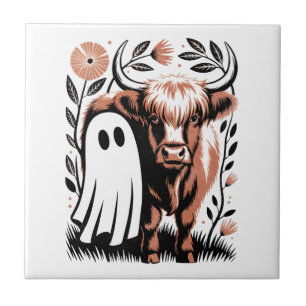 Rustic Highland Cow Ghost Halloween Ceramic Tile