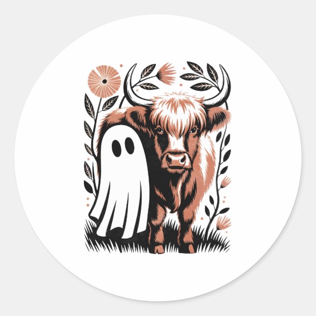 Rustic Highland Cow Ghost Halloween Classic Round Sticker (Front)