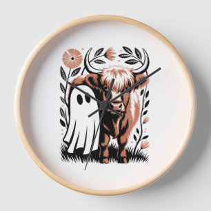 Rustic Highland Cow Ghost Halloween Clock
