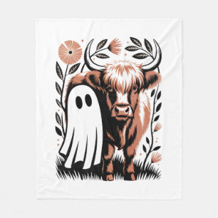 Rustic Highland Cow Ghost Halloween Fleece Blanket