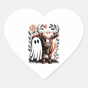 Rustic Highland Cow Ghost Halloween Heart Sticker