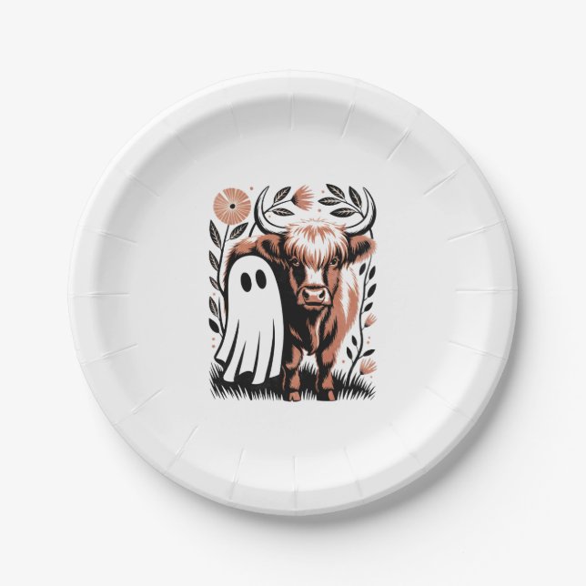 Rustic Highland Cow Ghost Halloween Paper Plate (Front)