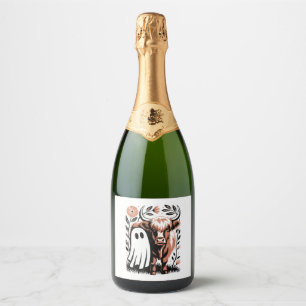 Rustic Highland Cow Ghost Halloween Sparkling Wine Label