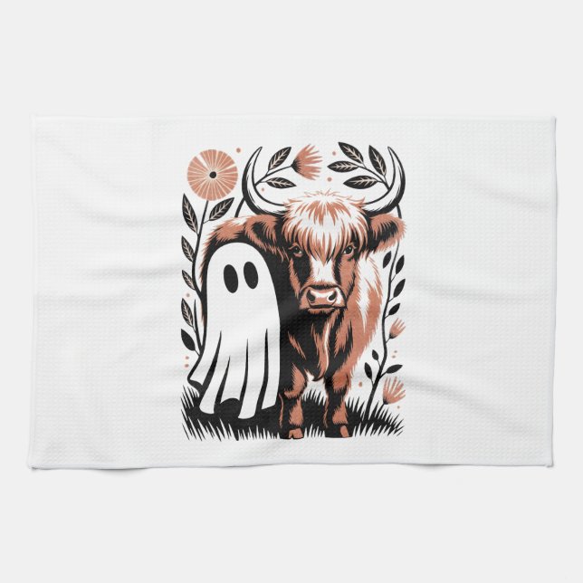 Rustic Highland Cow Ghost Halloween Tea Towel (Horizontal)