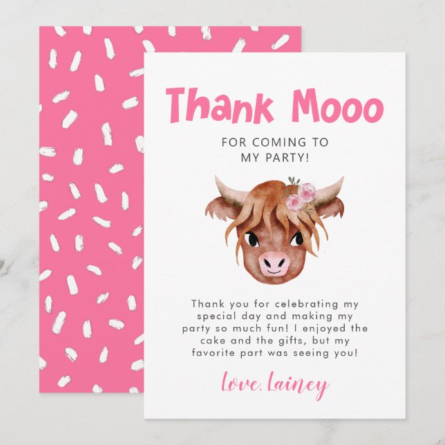 Rustic Highland Cow Girls Birthday Thank You Card (Front/Back)