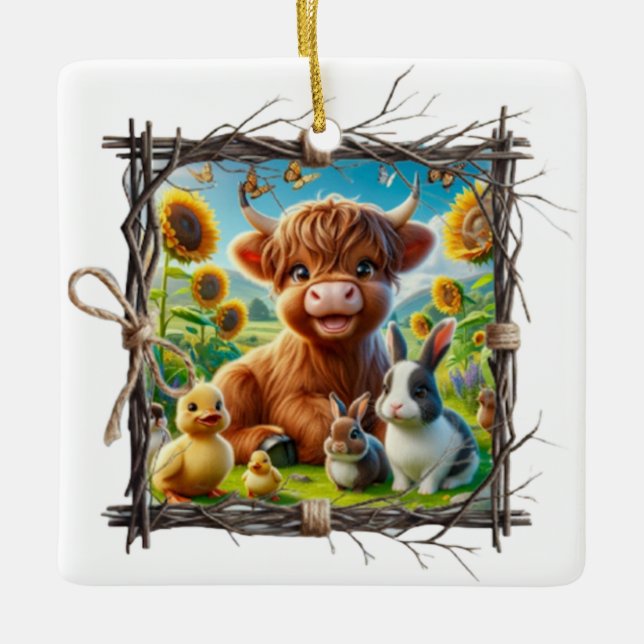 Rustic Highland Cow Ornament – Farmhouse Keepsake (Front)