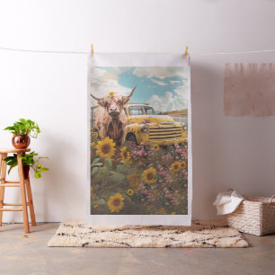 Rustic Highland Cow Vintage Truck Sunflowers  Fabric