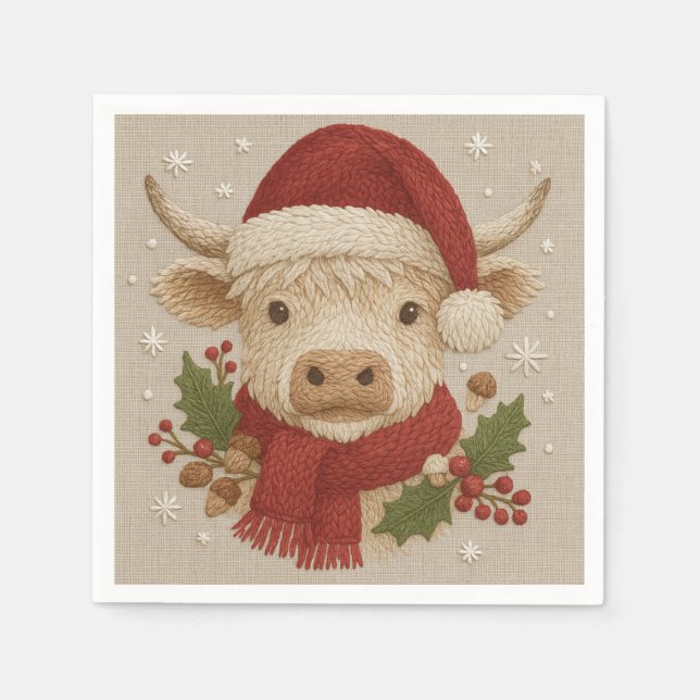  Rustic Highland Cow with Santa Hat Napkin (Front)