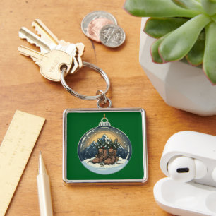 Rustic Hiking Boots Mountain Scene Christmas  Key Ring