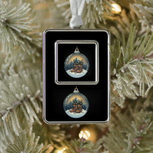 Rustic Hiking Boots Mountain Scene Christmas Silver Plated Framed Ornament