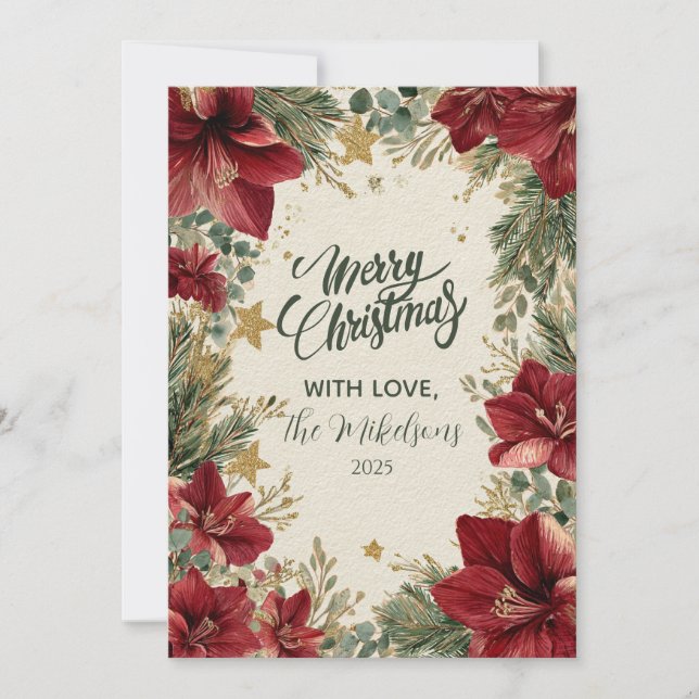 Rustic Holiday Amaryllis Christmas Card (Front)