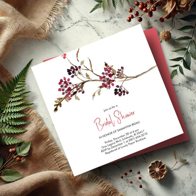 Rustic Holiday Bridal Shower Invitation (Bridal shower invitations rustic watercolor berries and botanicals fall and winter)