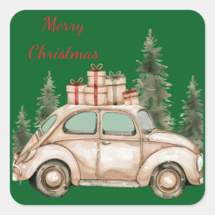 Rustic Holiday Car Green Trees Square Sticker