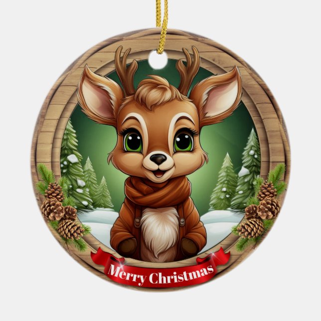Rustic Holiday Character Xmas Reindeer Gift 🦌🎄 Ceramic Ornament (Front)