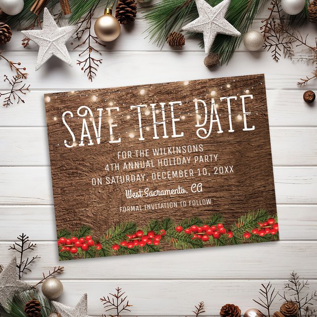Rustic Holiday Christmas Party Save the Date Announcement Postcard (Creator Uploaded)