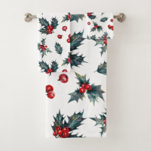 Rustic Holiday Christmas Winter Holly Berries Bath Towel Set
