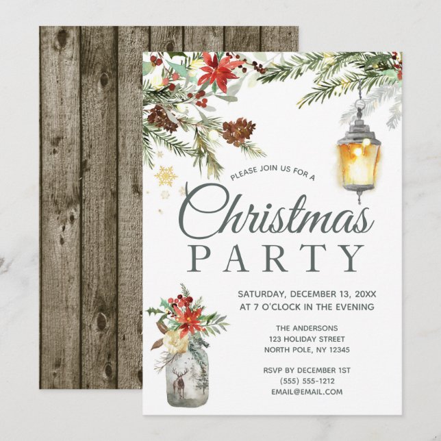 Rustic Holiday Floral Lights Christmas Party Invitation (Front/Back)